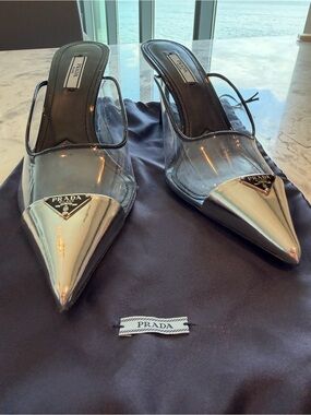 Prada Clear PVC and Silver Pointed-Toe Slingback Heels